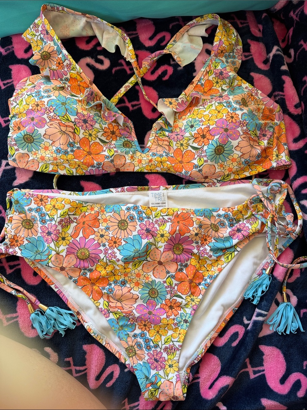 Time and Tru Floral Ruffle Halter Bikini in Orange, Blue, Pink and Yellow